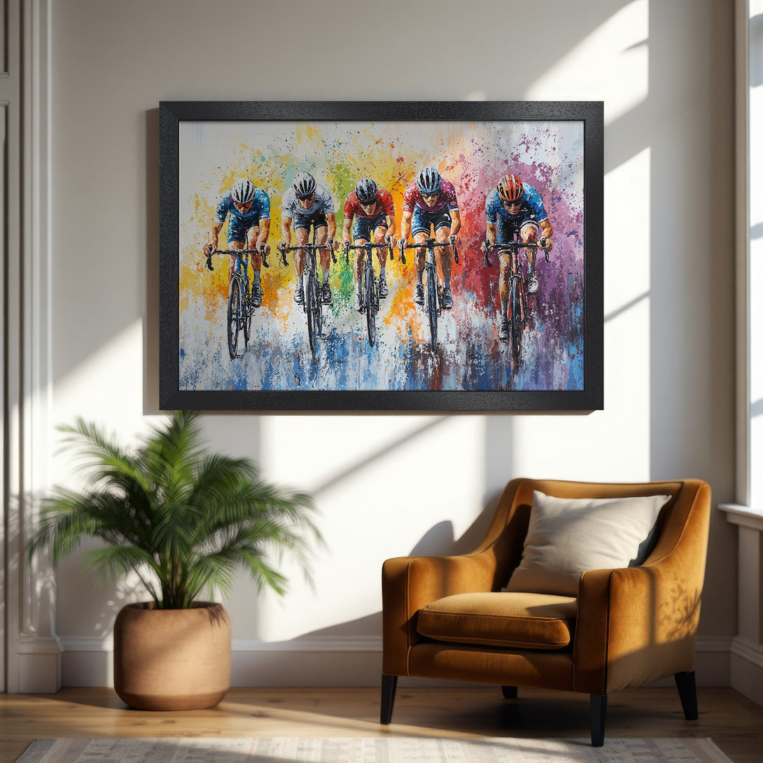 Framed Poster of cyclists racing, vibrant watercolor style with a colorful palette. Perfect wall art for sports lovers.