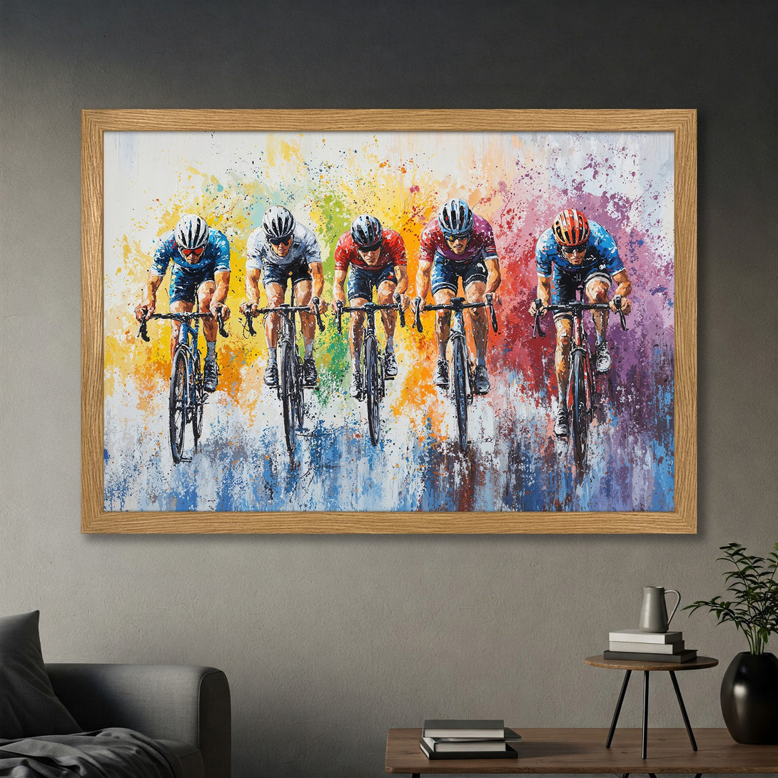 Framed Poster of cyclists in action, vibrant abstract style with colorful splashes. Perfect wall art for sports fans!