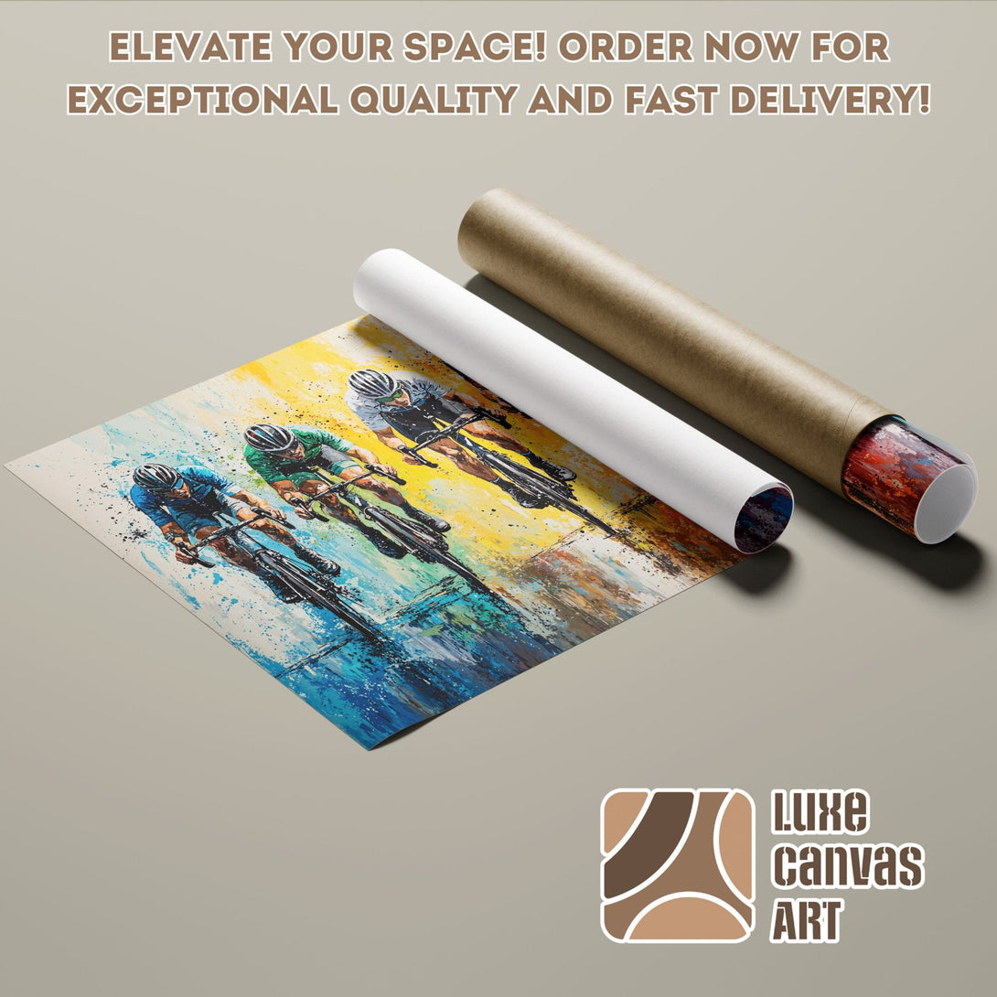 Poster Roll featuring an abstract cycling painting in vibrant blues, yellows, and greens. Elevate your space!