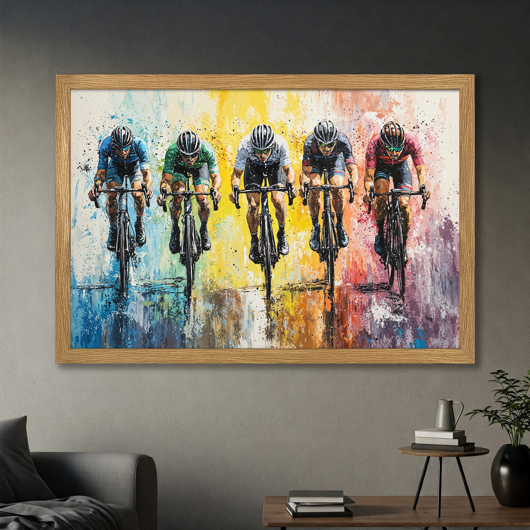 Framed Poster of cyclists racing, vibrant abstract style with a colorful palette. Perfect wall art!