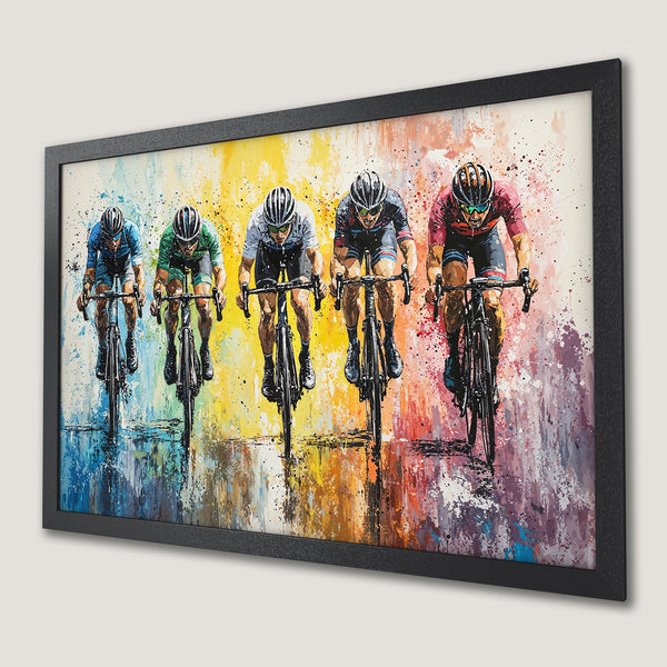 Framed Poster featuring cyclists in vibrant, colorful abstract art style. Dynamic sports art with a rainbow palette.