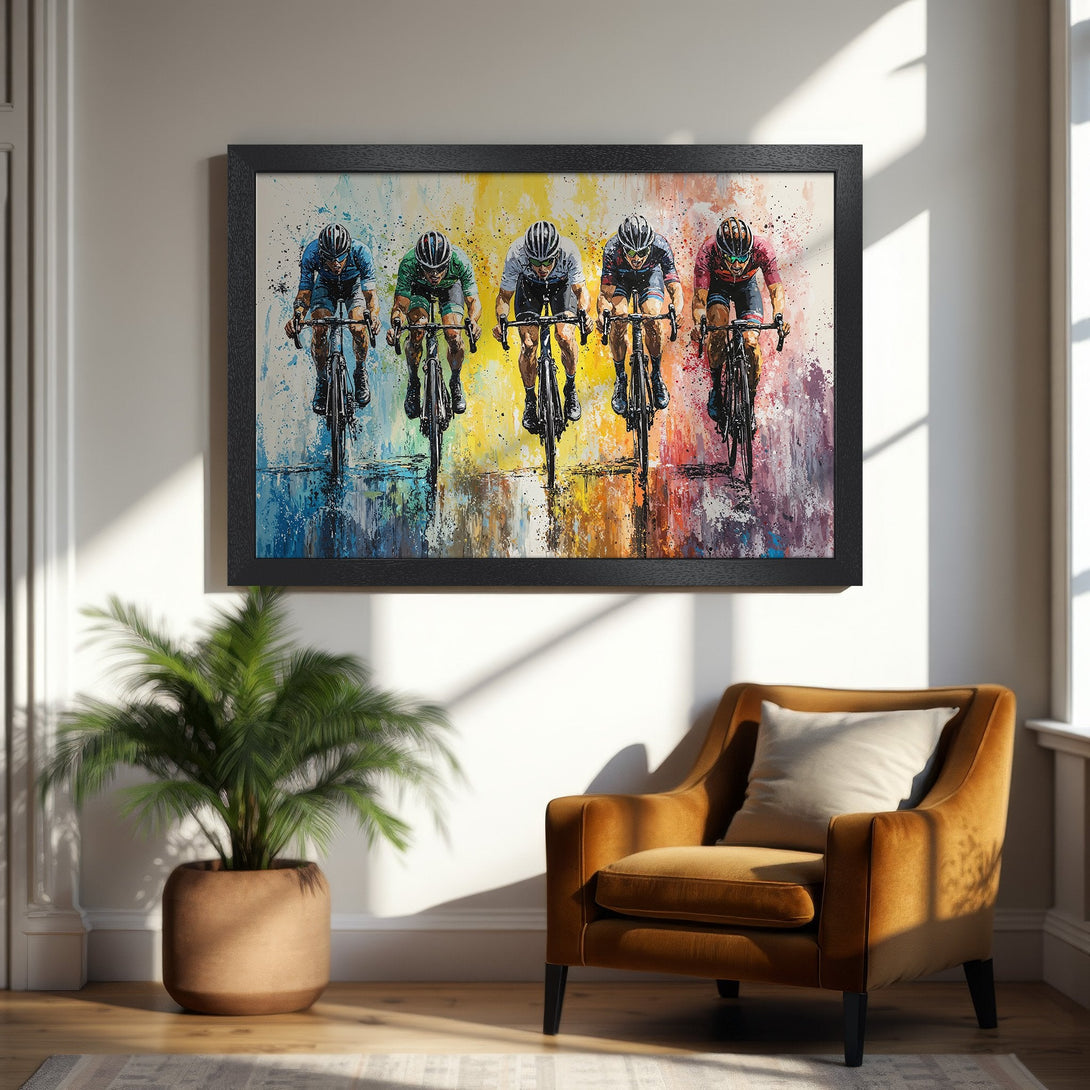 Framed Poster featuring cyclists in vibrant, abstract style with a colorful palette. Perfect wall art for any space.