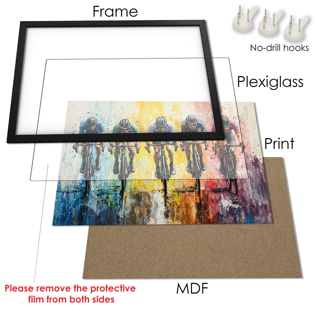 Framed Poster of cyclists in watercolor style with a vibrant, colorful palette. Perfect wall art!