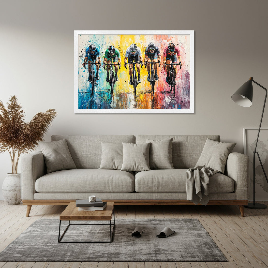 Framed Poster featuring cyclists in vibrant, abstract style with a colorful palette. Perfect wall art for sports enthusiasts!