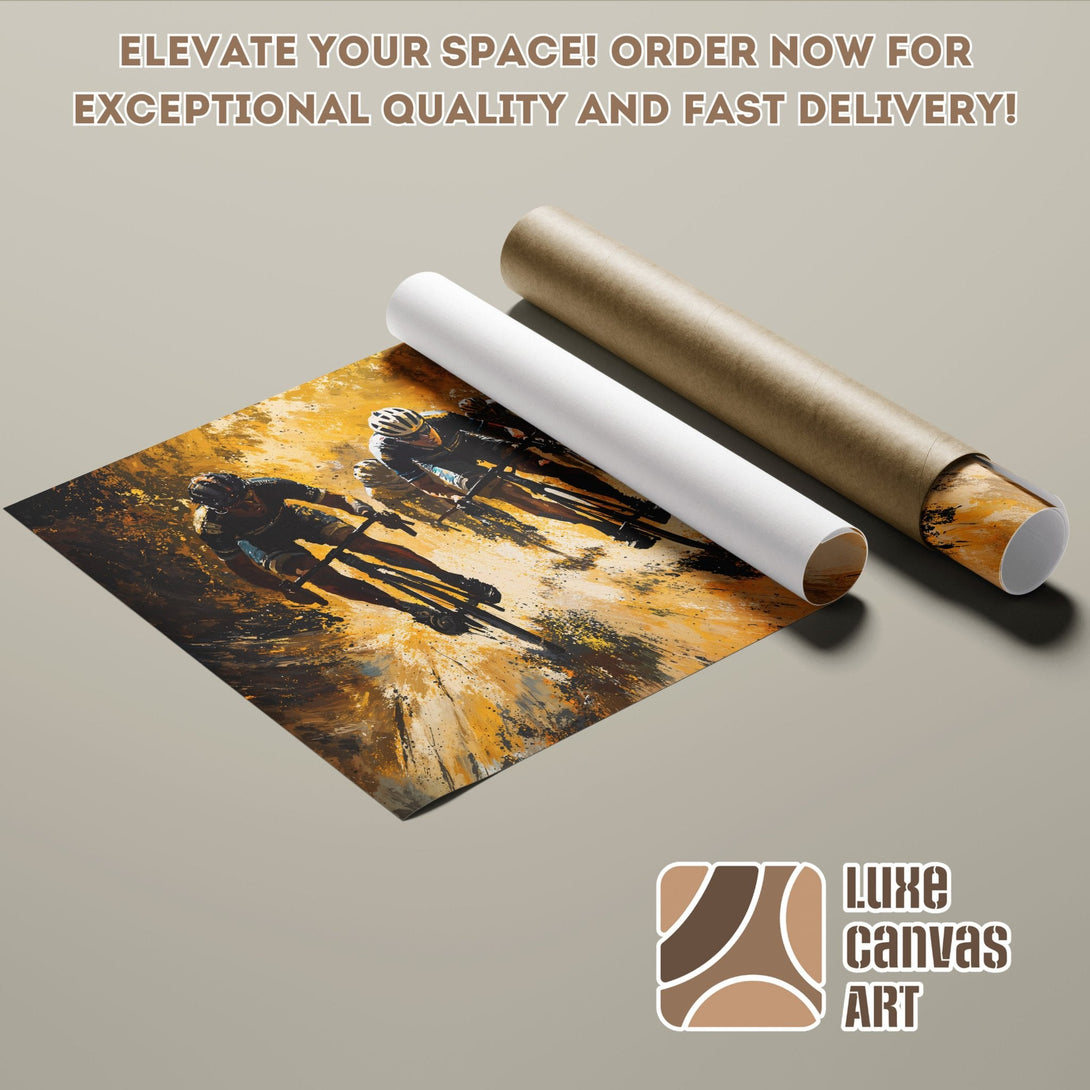 Poster Roll of cyclists in an abstract style with a warm yellow and brown color palette. Order now!