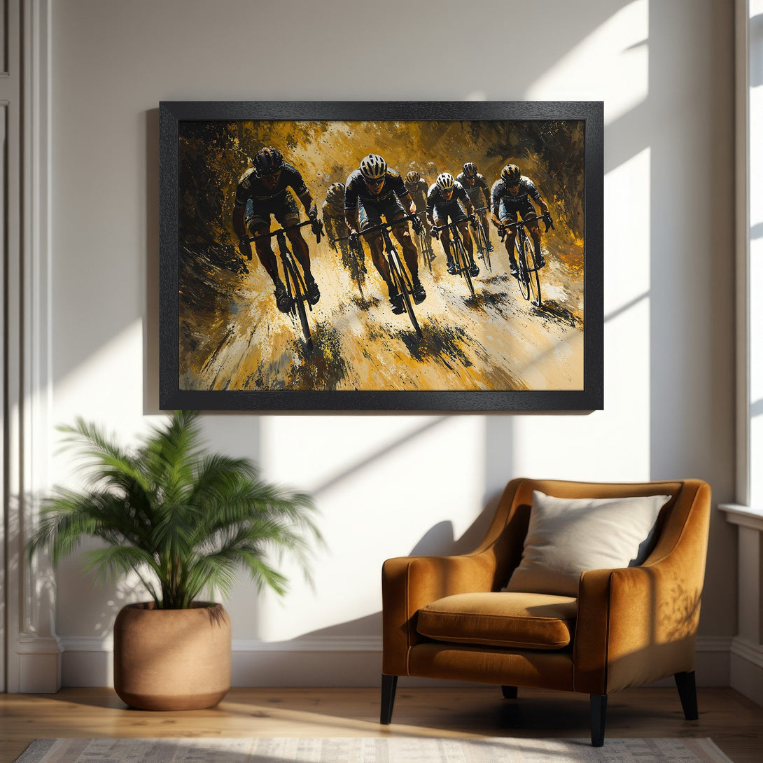 Framed Poster of cyclists in action, abstract style, warm yellow and brown palette. Perfect for sports fans!