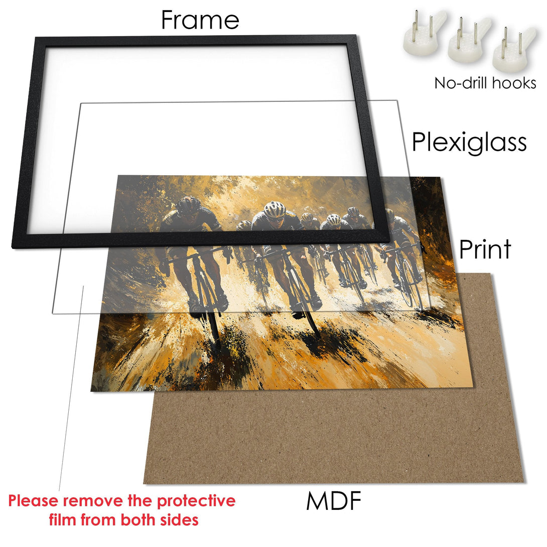 Framed Poster of cyclists in an abstract style, featuring a warm, golden color palette. Ready to hang!
