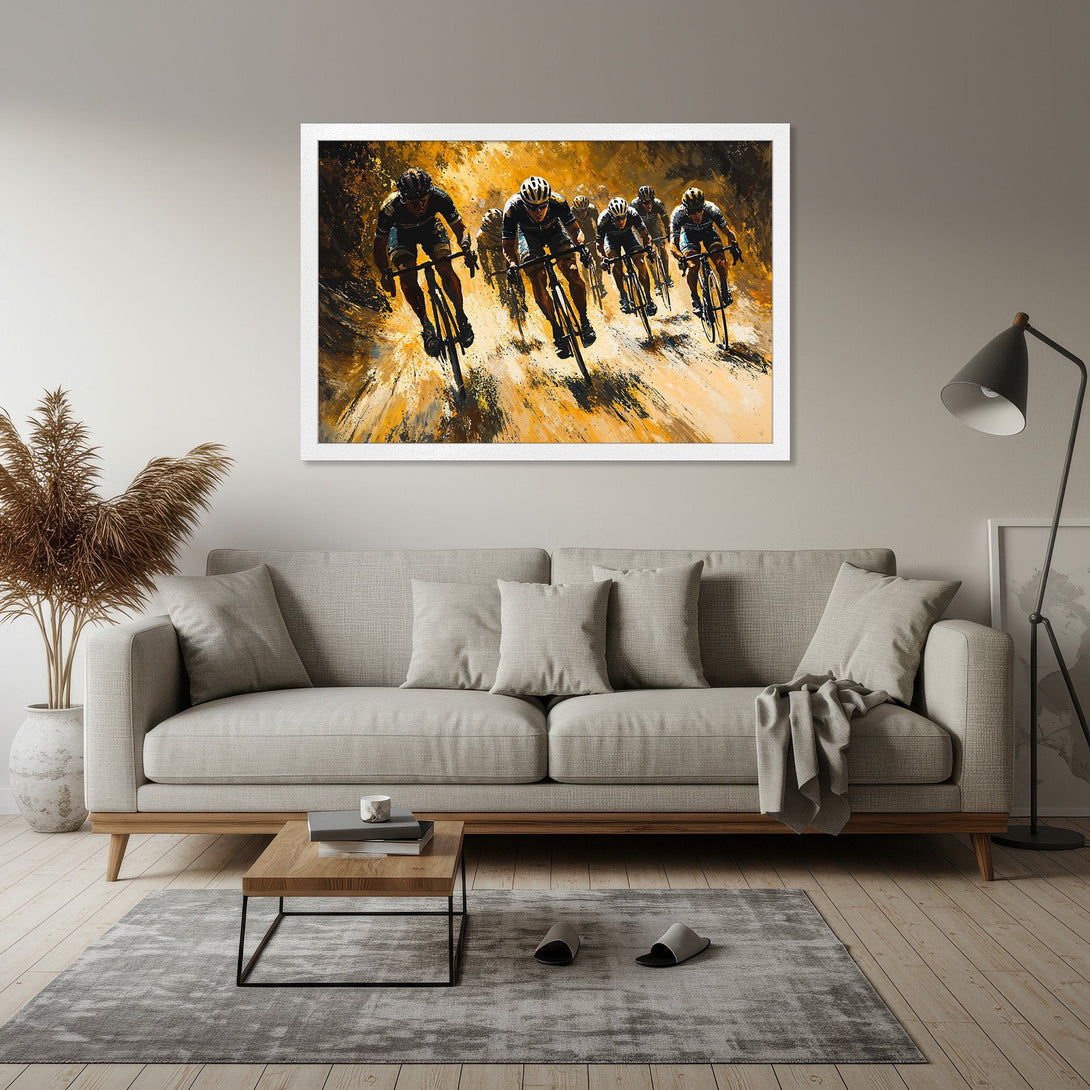 Framed Poster of cyclists in action, abstract style, warm yellow and brown tones. Perfect wall art for any space!