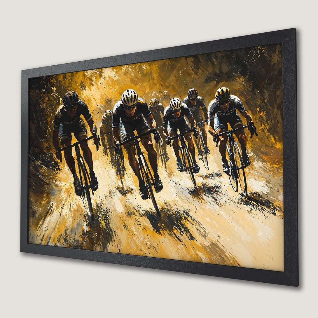 Framed Poster of cyclists in action, abstract style, with a yellow and black color palette. Perfect wall art for sports fans!