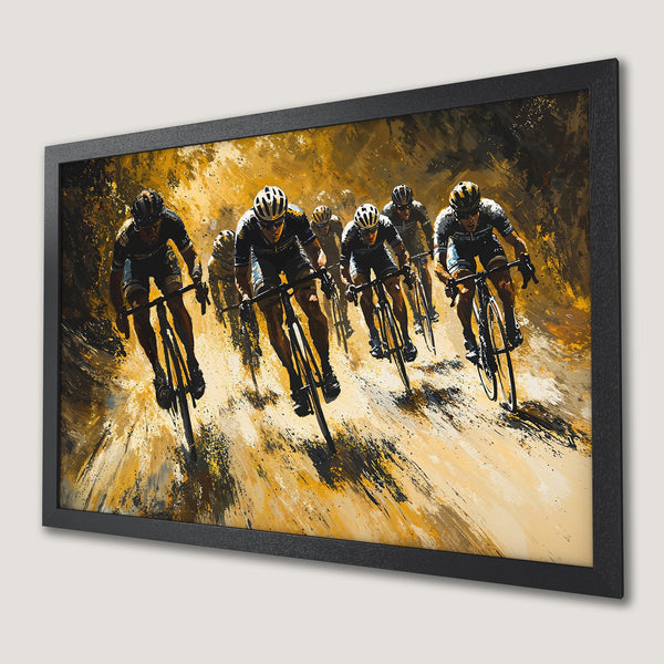 Framed Poster of cyclists in action, abstract style, with a yellow and black color palette. Perfect wall art for sports fans!