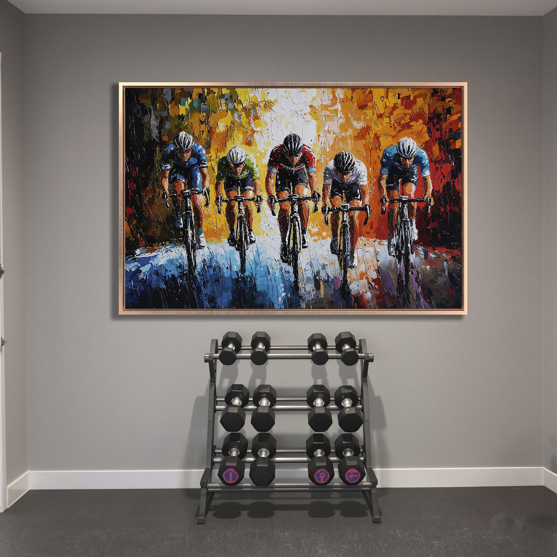 Framed Wall Art of cyclists racing, impressionistic style with vibrant orange, blue, and red palette. Perfect for home gym decor.