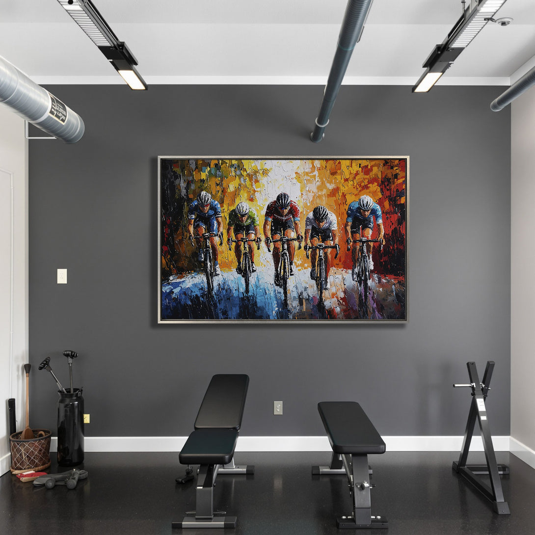 Framed Wall Art of cyclists racing, vibrant abstract style, warm orange, yellow, and blue color palette. Perfect for home or gym decor.