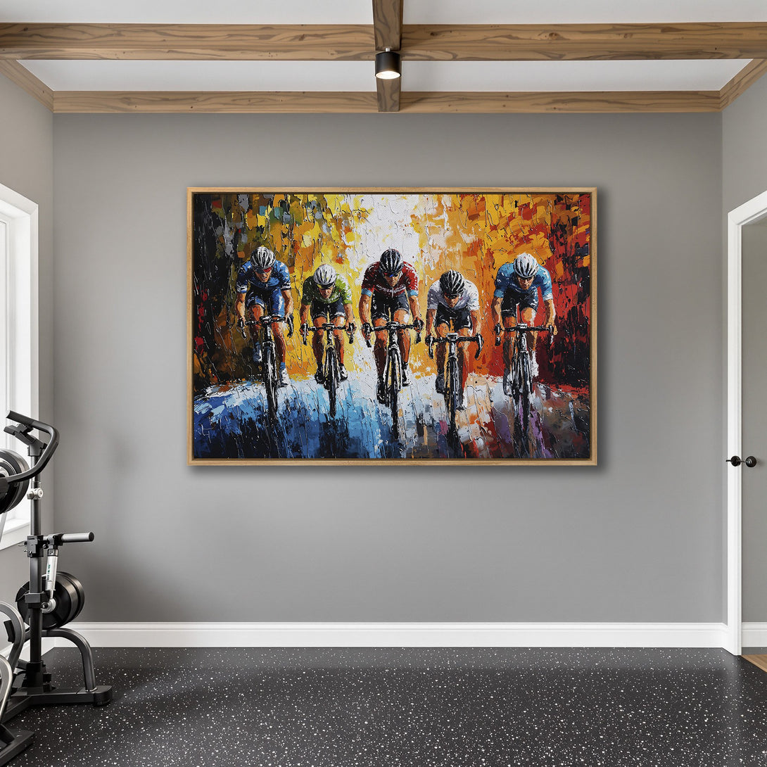 Framed Wall Art: Dynamic cycling art in a modern, impressionistic style. Features a vibrant color palette of blues, oranges, and blacks, perfect for any space.