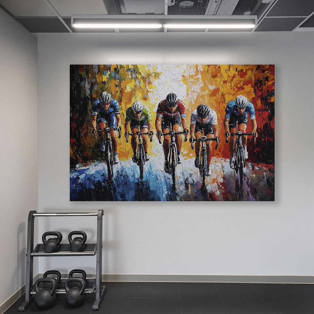 Framed Wall Art of cyclists in an impressionistic style with a warm, vibrant color palette. Perfect for home gyms or sports-themed decor.