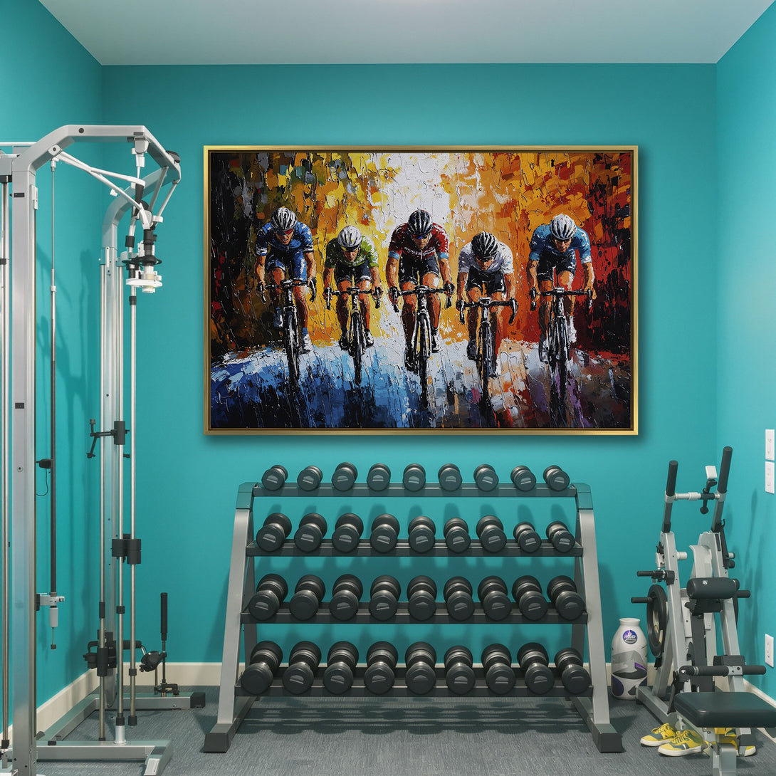 Canvas Print of cyclists racing, vibrant abstract style with warm orange, yellow, and blue tones. Perfect wall art for sports enthusiasts.