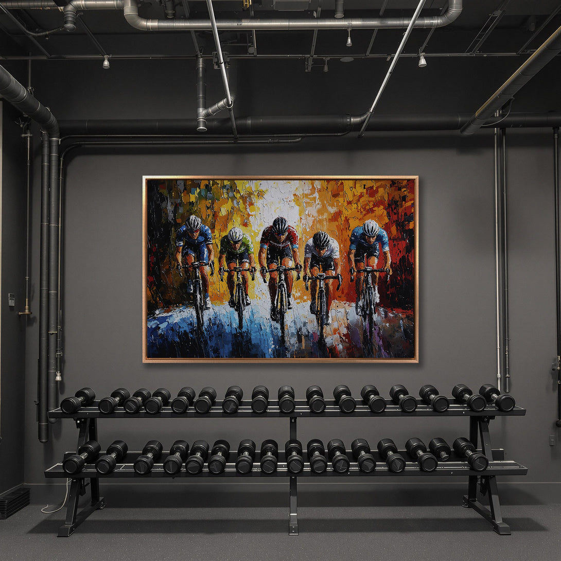 Framed Wall Art featuring cyclists racing, impressionist style, vibrant colors of blue, orange, and yellow. Perfect for home gym decor.