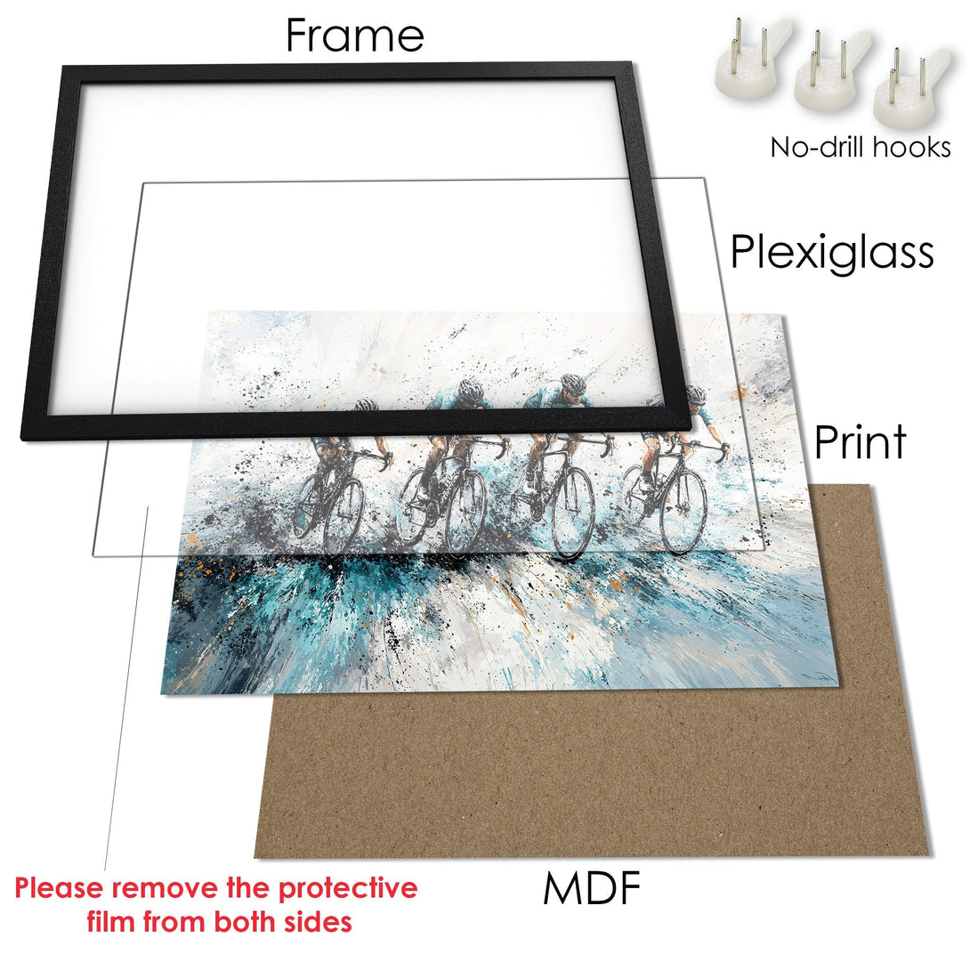 Framed Poster featuring cyclists in an abstract style with a blue and white color palette. Perfect wall art for your home!