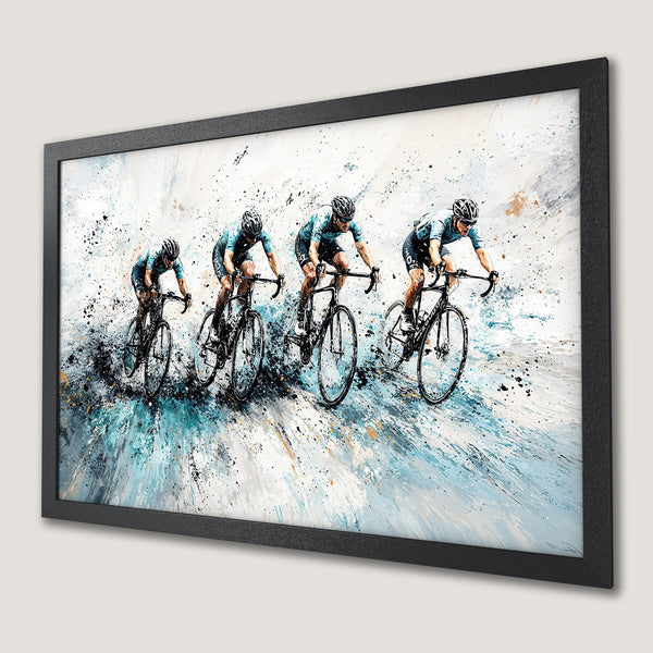 Framed Poster featuring cyclists in action, artistic style with blue, black, and white color palette. Perfect wall art!