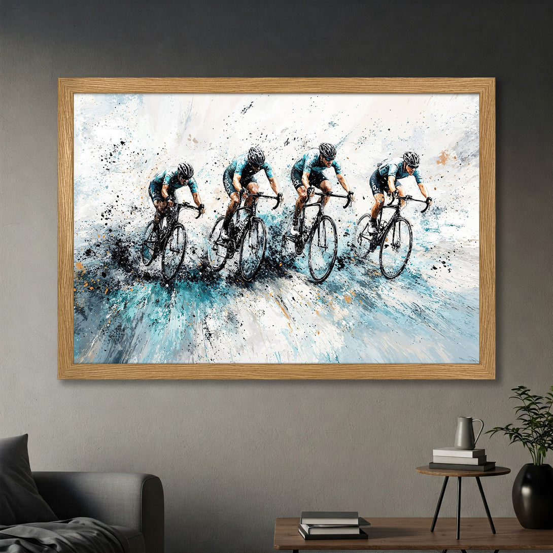 Framed Poster of cyclists in action, abstract style with blue, black and white color palette, perfect for sports fans.
