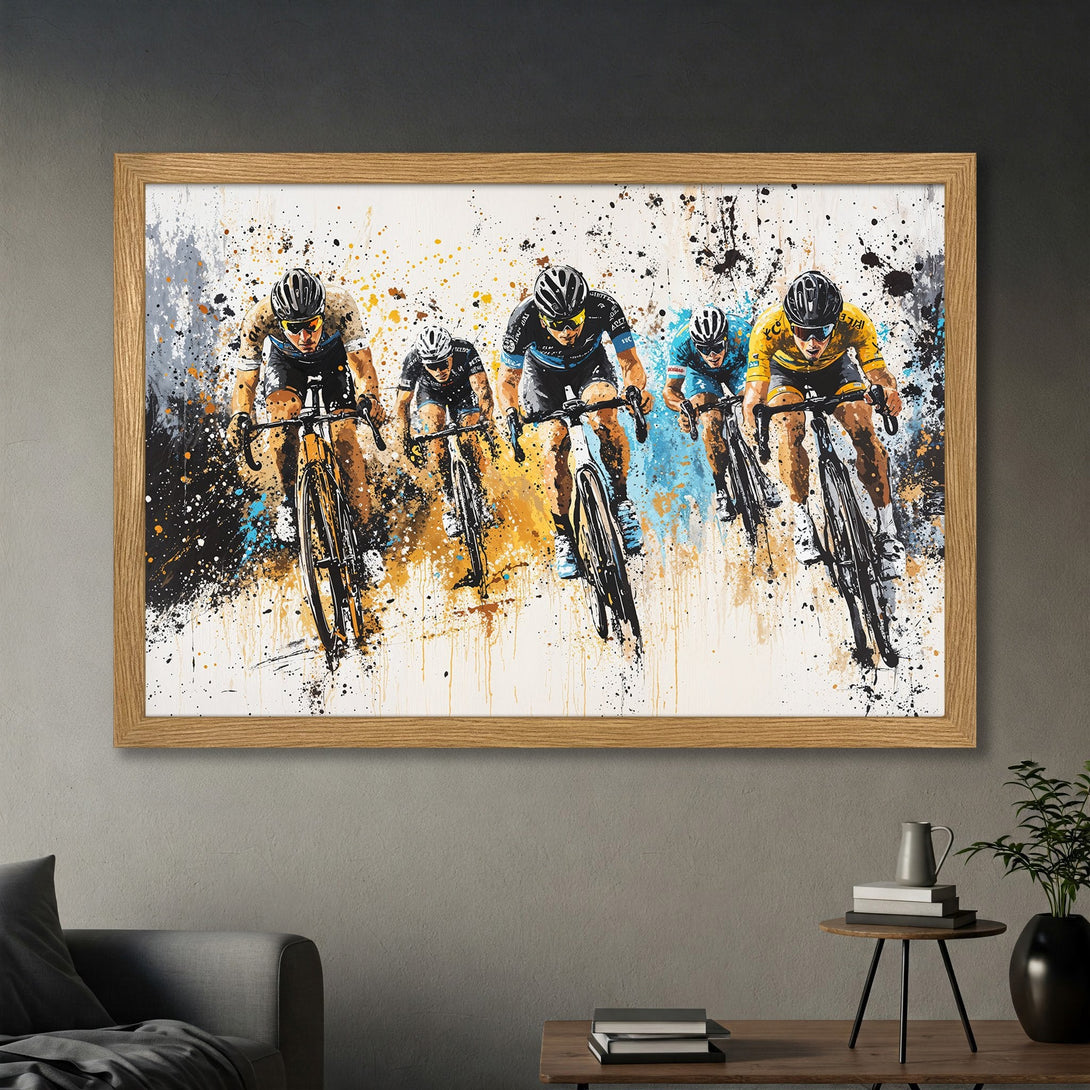 Framed Poster of cyclists in an abstract style with a vibrant color palette of yellow, blue, and black. Perfect for sports fans!