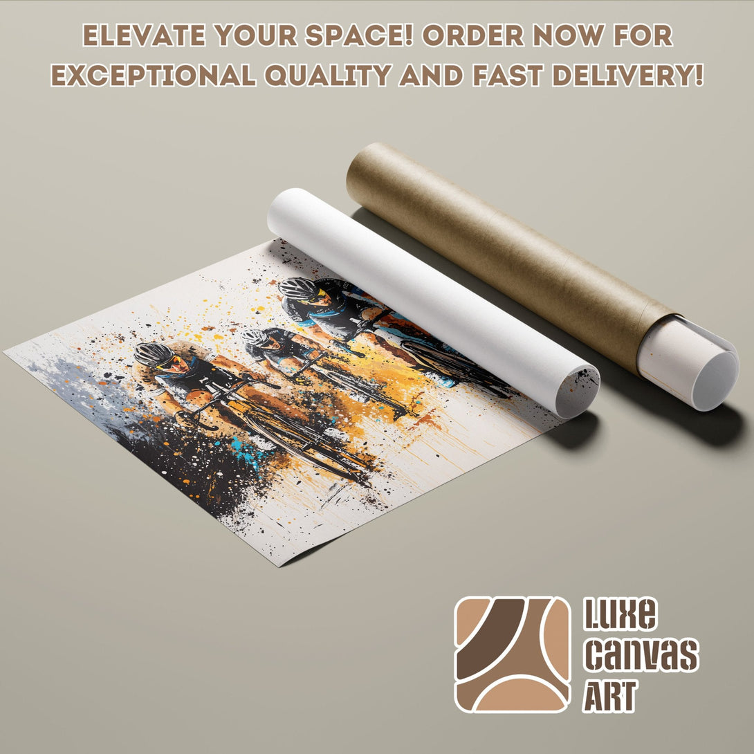 Poster Roll featuring cyclist artwork, abstract style, with a neutral and warm color palette. Order now!