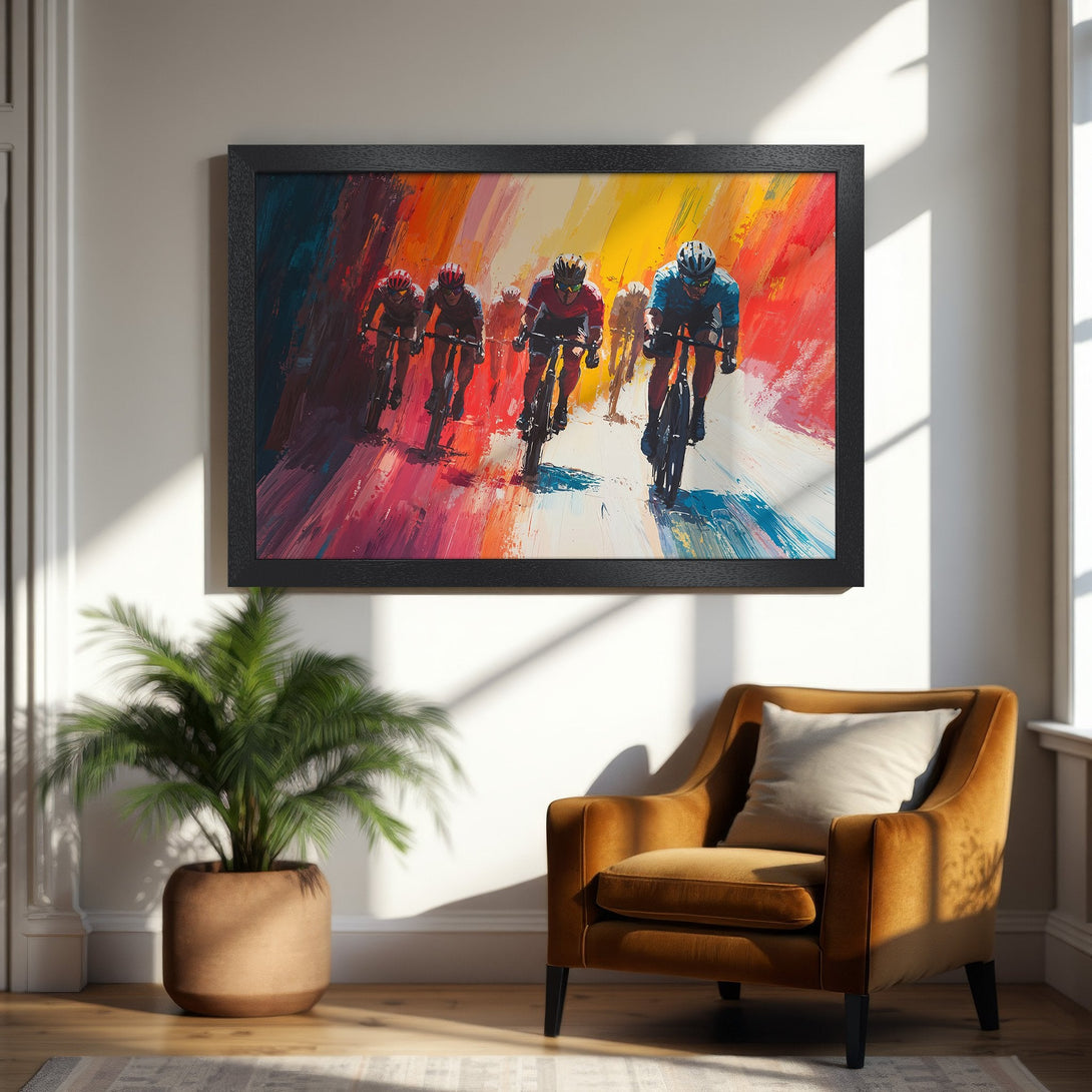 Framed Poster of cyclists racing, vibrant abstract style with warm, colorful palette. Perfect wall art for sports fans!