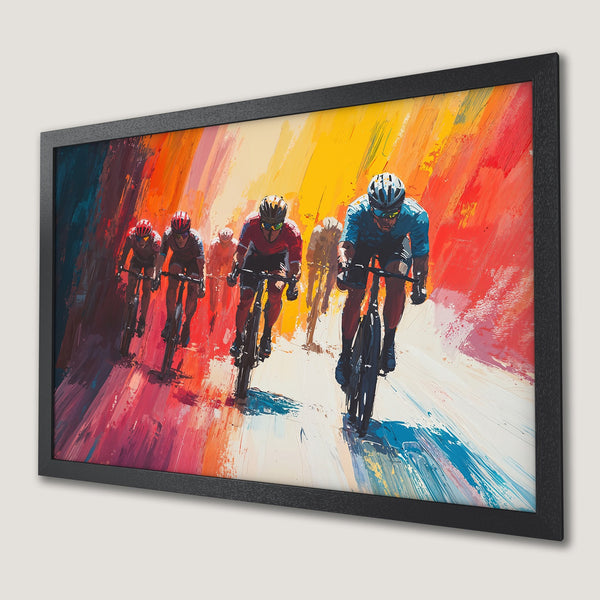 Framed Poster of cyclists racing, vibrant abstract style with red, orange, and blue color palette. Perfect wall art for sports fans.