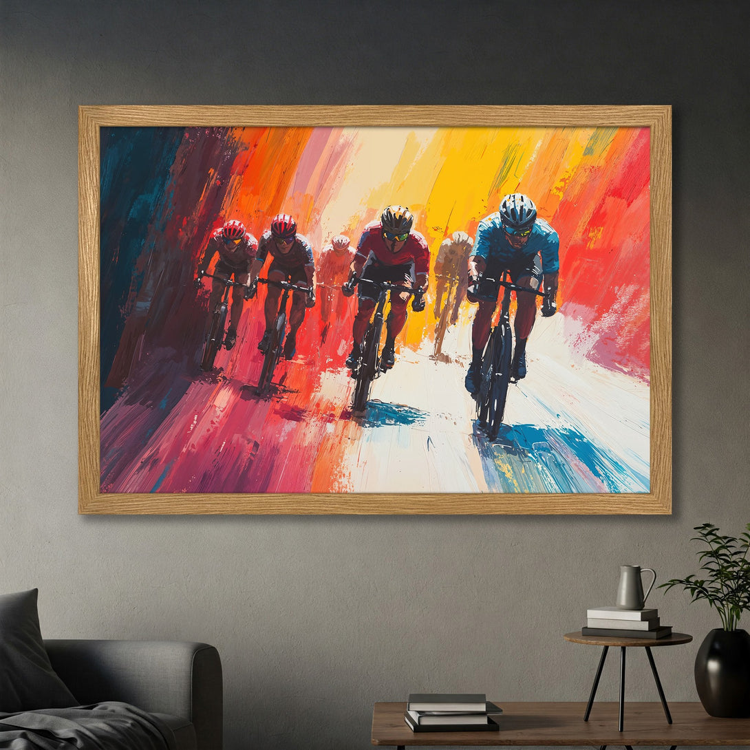 Framed Poster: Cyclists racing, abstract art style with vibrant red, orange, and blue color palette. Perfect wall decor for sports enthusiasts!