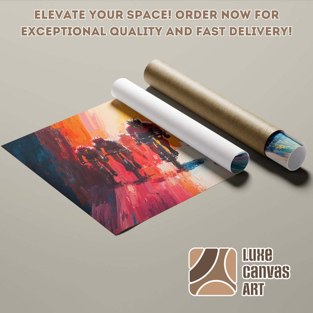 Poster Roll featuring cyclists in an abstract style with a warm, vibrant color palette. Order now!