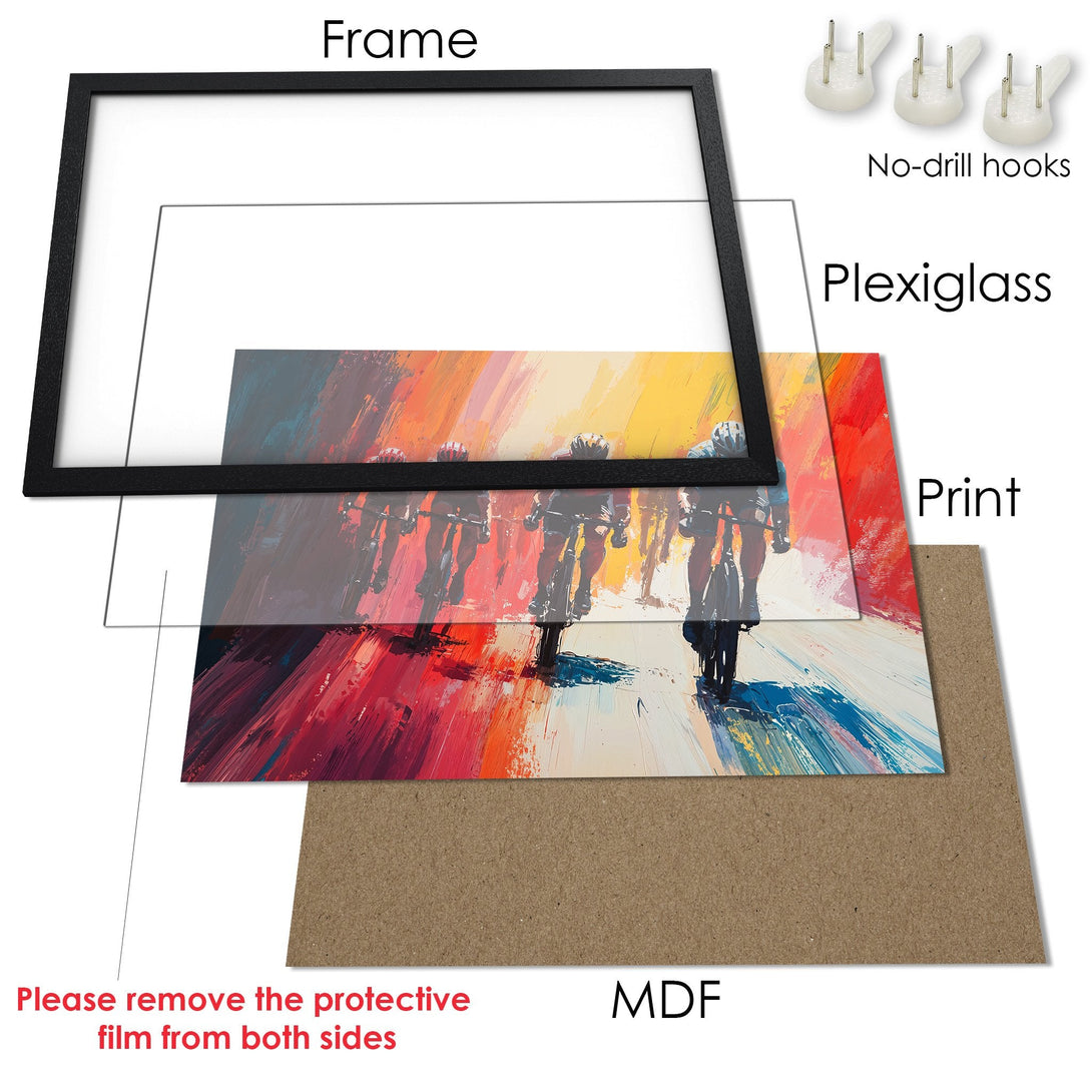 Framed Poster featuring cyclists in an abstract style with a vibrant, colorful palette. Perfect wall art for any space!