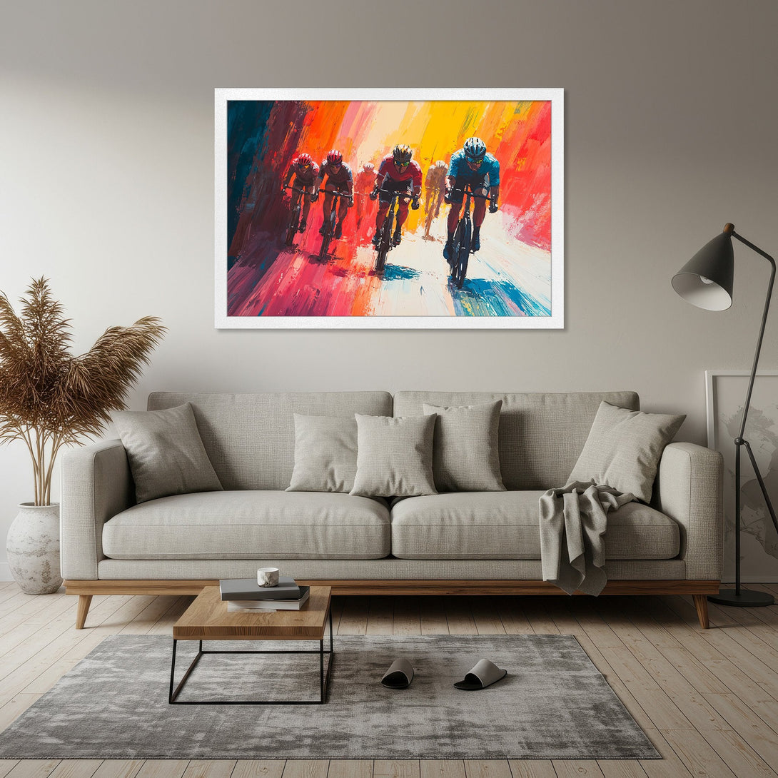 Framed Poster of cyclists racing, vibrant abstract style with a colorful palette of reds, oranges, and blues. Perfect wall art!