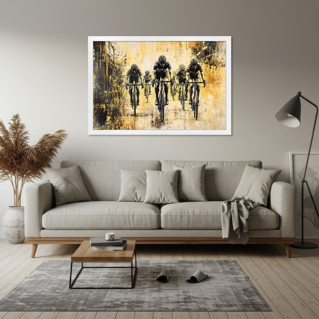 Framed Poster featuring cyclists in abstract style, gold and black color palette, perfect for modern home decor.