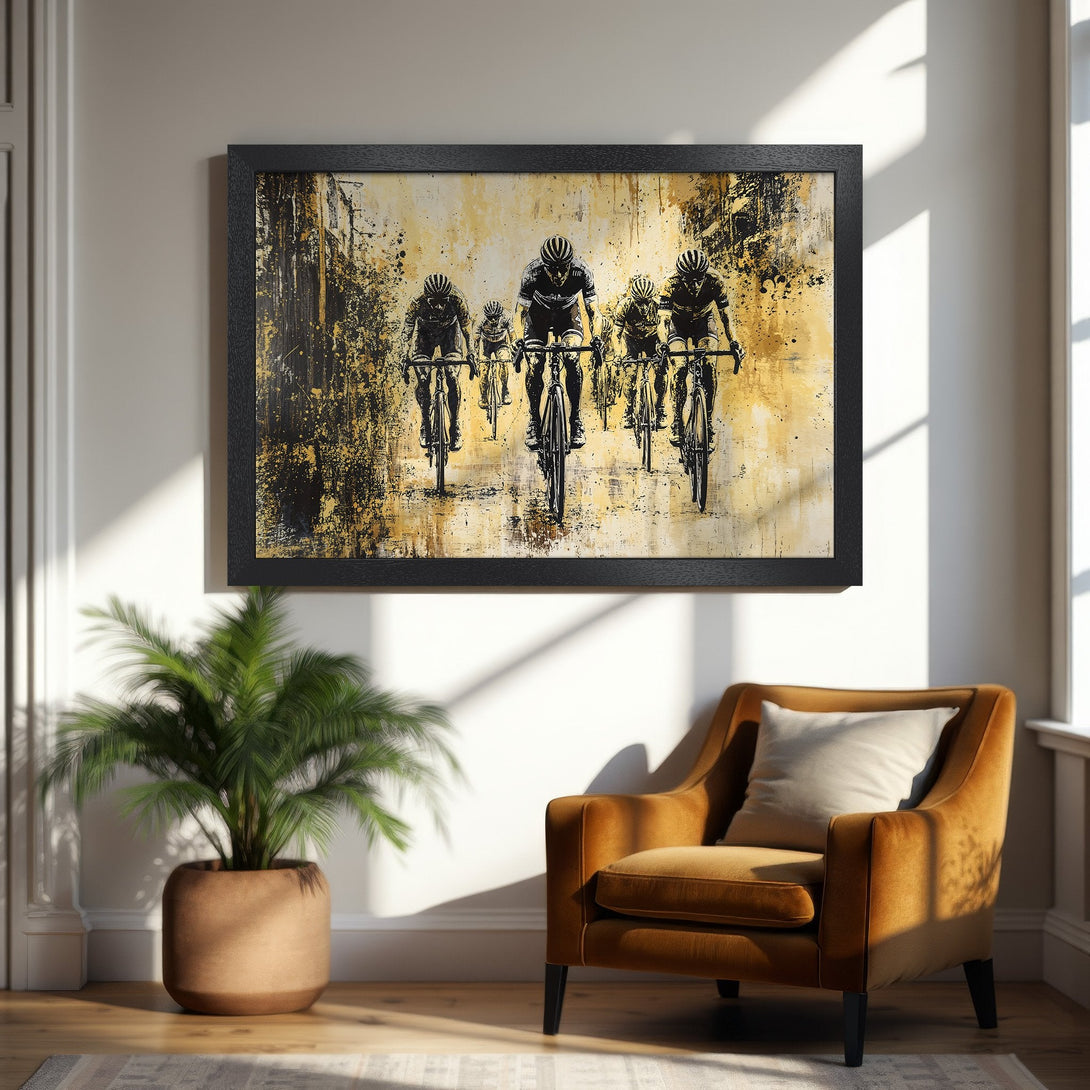 Framed Poster featuring cyclists in black & gold abstract style. Perfect wall art for sports enthusiasts. Add a touch of art to your space!
