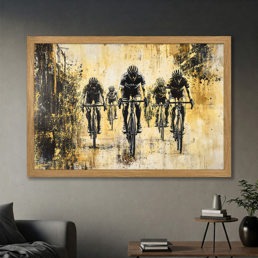 Framed Poster featuring cyclists in a black and gold abstract style, perfect for modern decor.