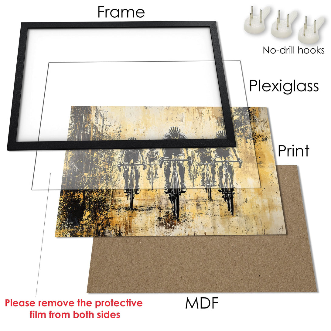 Framed Poster featuring cyclists in an abstract style with a gold and black color palette. Perfect wall art for any space!