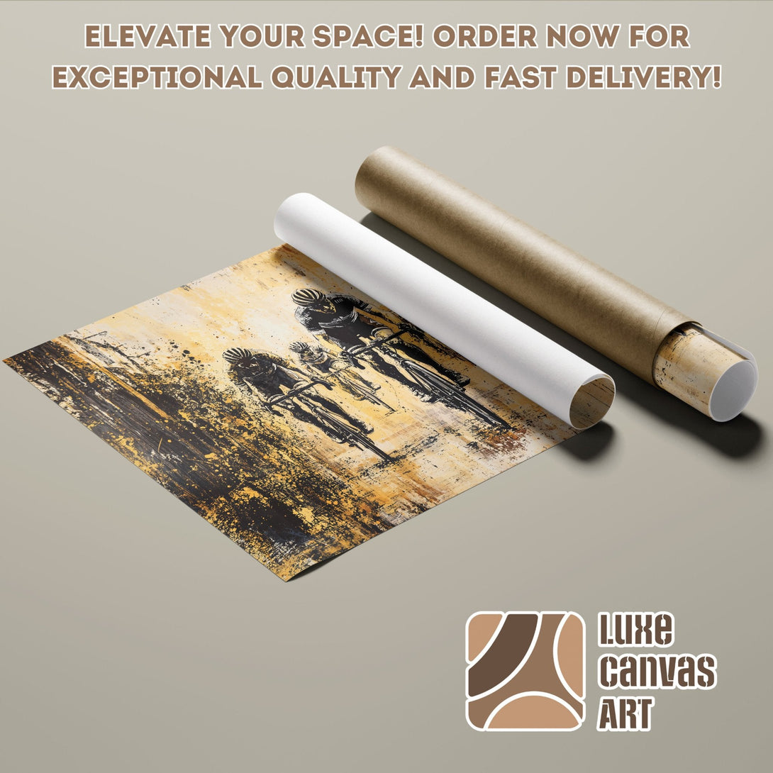 Poster Roll featuring cyclists in abstract style, with a gold and black color palette. Elevate your space!