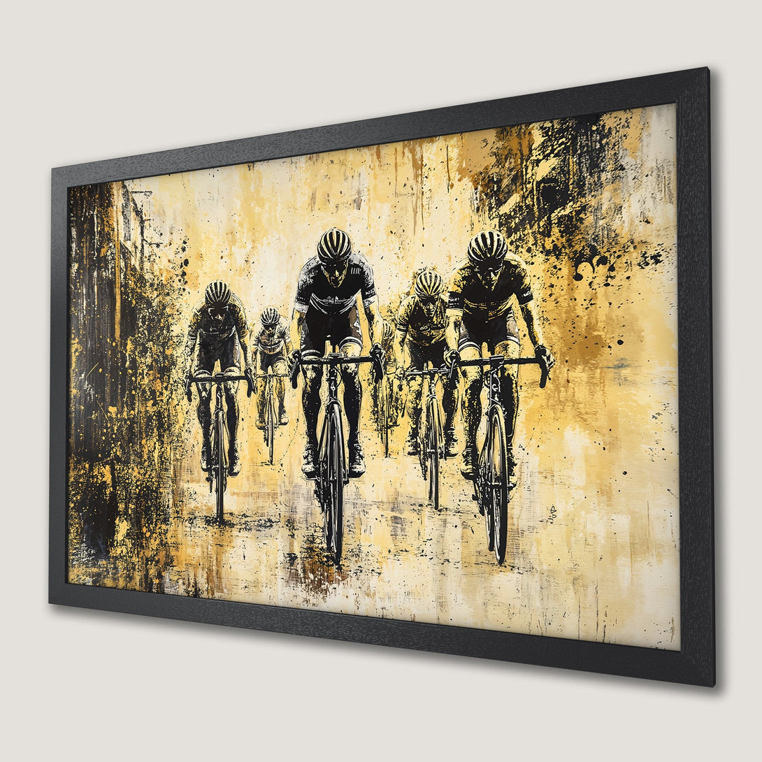 Framed Poster featuring cyclists in an abstract style with a yellow and black color palette. Perfect wall art for sports enthusiasts.