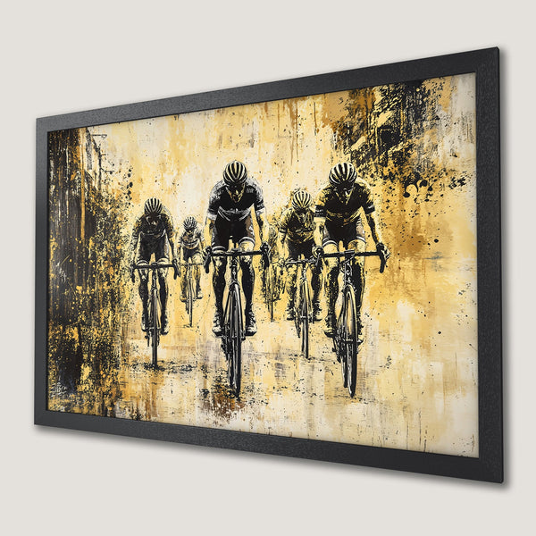Framed Poster featuring cyclists in an abstract style with a yellow and black color palette. Perfect wall art for sports enthusiasts.