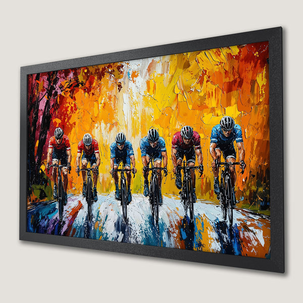 Framed Poster: Cyclists racing, vibrant abstract art with warm orange and yellow tones. Perfect wall decor!
