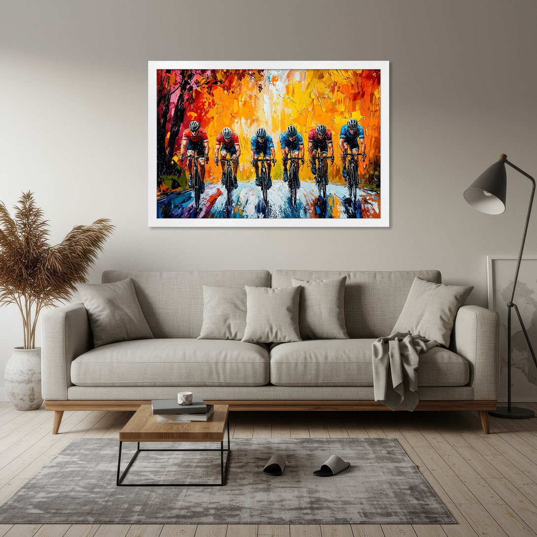 Framed Poster featuring cyclists in an abstract style, vibrant orange and blue color palette. Perfect wall art for your home!