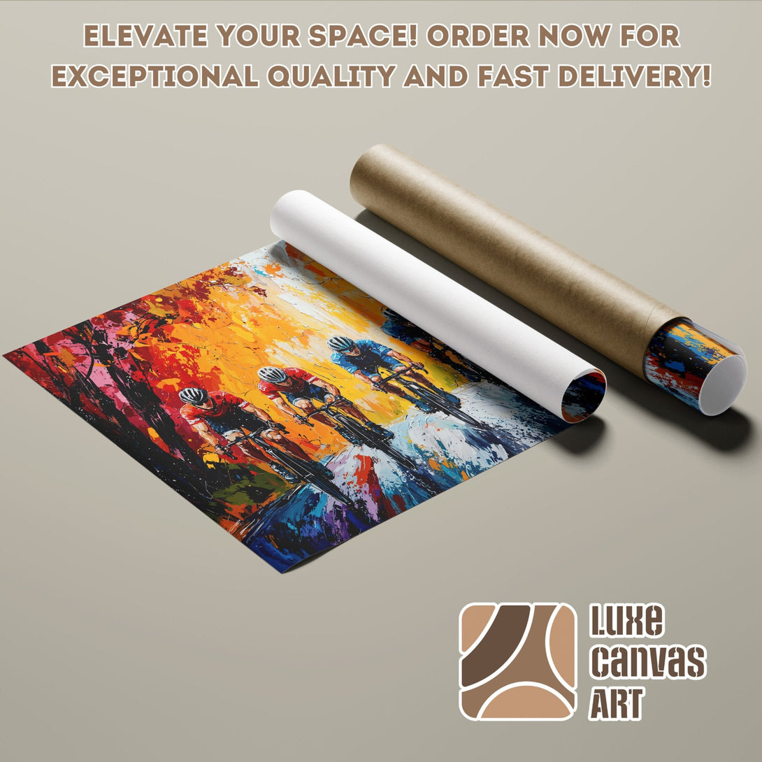 Poster Roll of cyclists in vibrant, abstract style. Featuring a warm, colorful palette. Order now!
