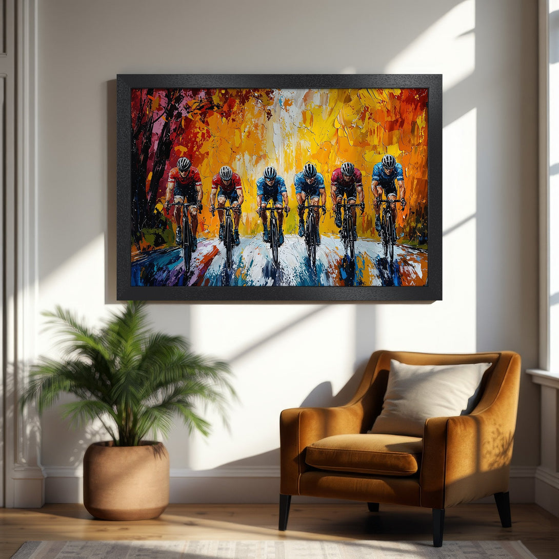 Framed Poster featuring cyclists racing, vibrant oil painting style with warm yellow, orange, and red hues. Perfect wall art!