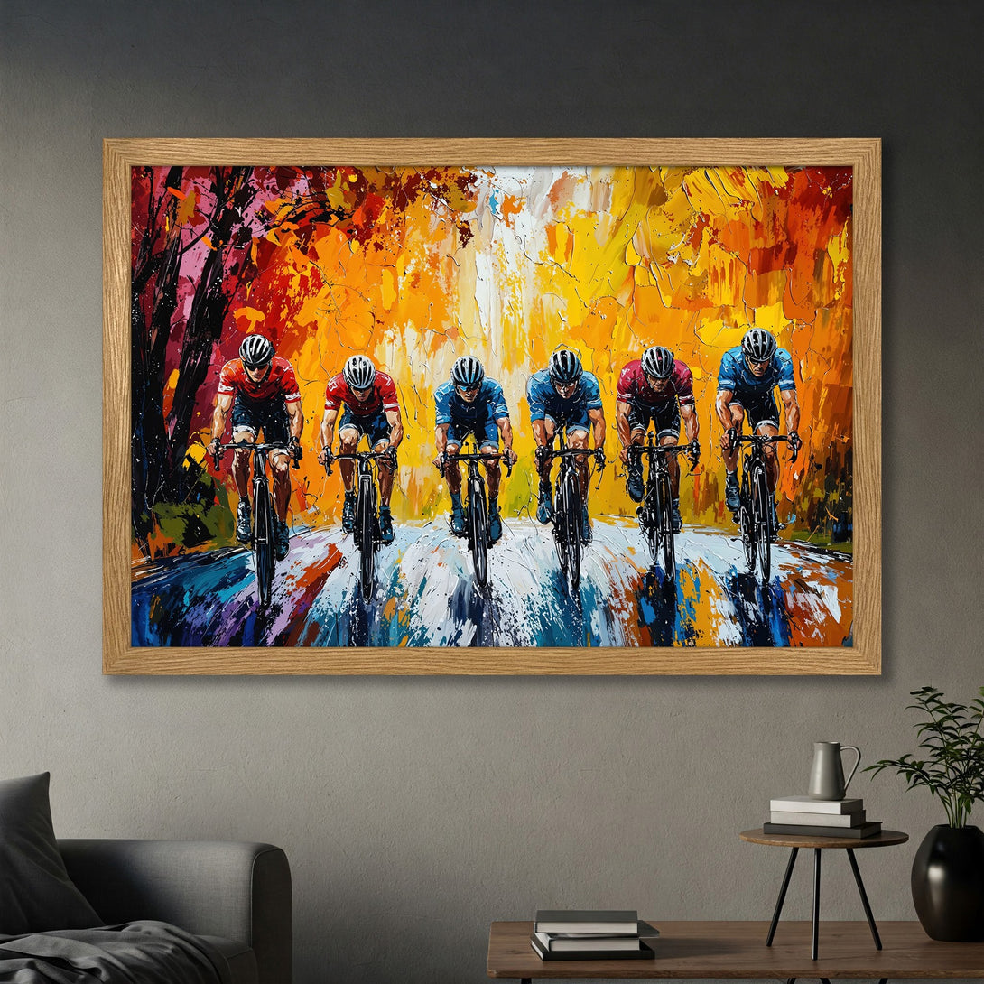 Framed Poster featuring cyclists in an abstract, vibrant style with a warm color palette of oranges, yellows, and reds. Perfect wall art!