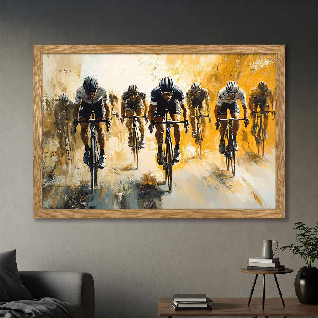 Framed Poster of cyclists racing, abstract style with yellow, gray, and black color palette. Perfect wall art for sports fans!