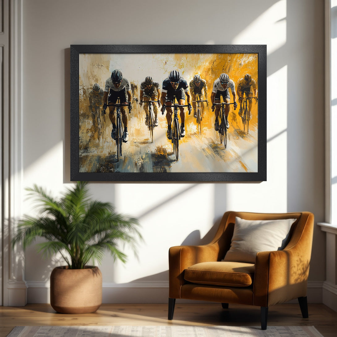 Framed Poster featuring cyclists in action, abstract style, with a warm yellow and brown color palette. Perfect wall art!