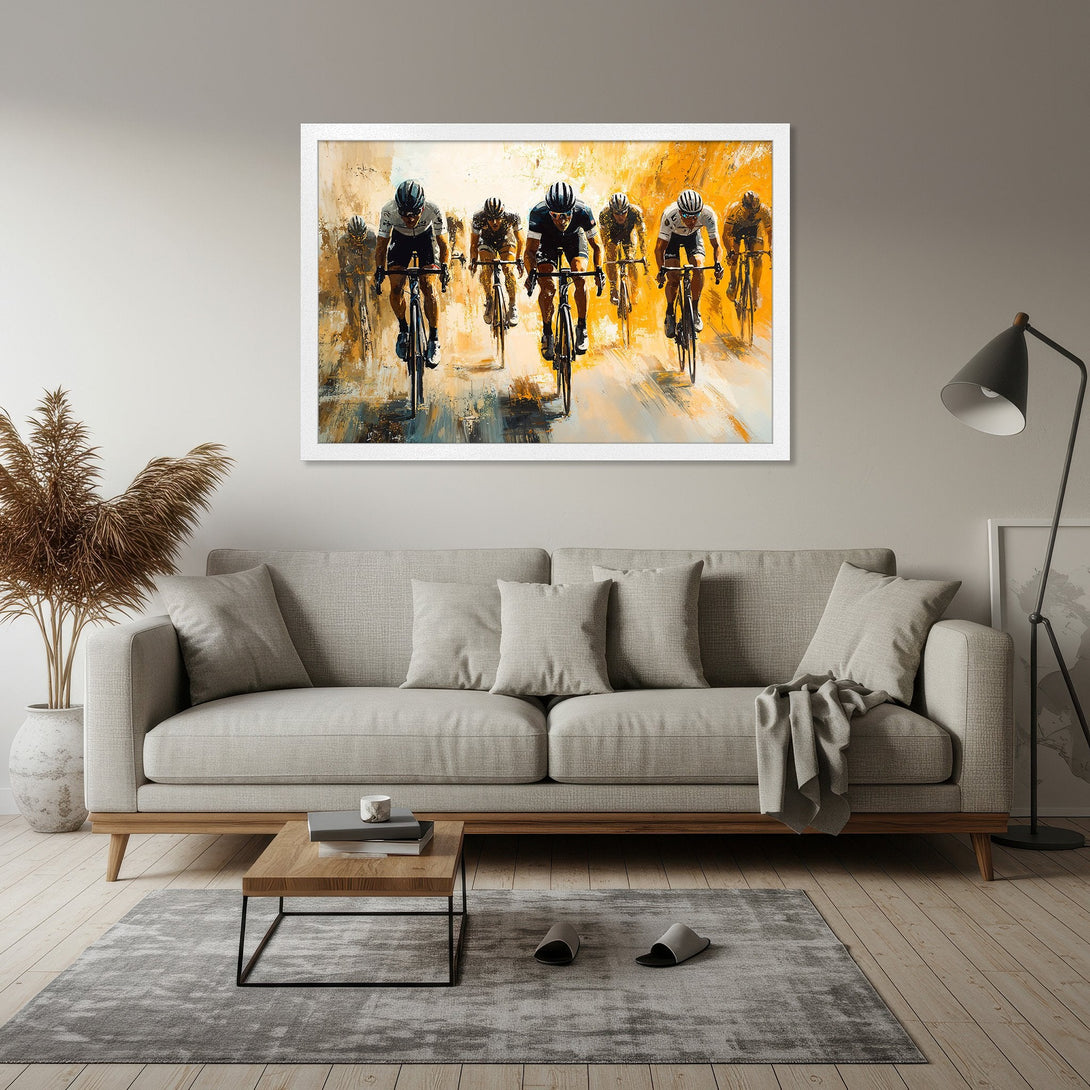 Framed Poster of cyclists racing, abstract style, warm yellow and brown tones. Add art to your home!
