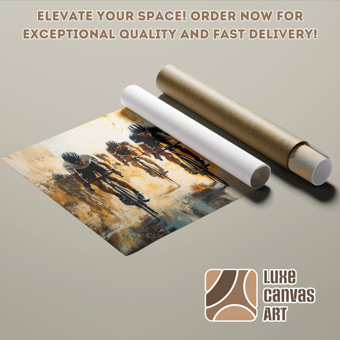 Poster Roll featuring cyclists in abstract style with warm color palette. Order now!
