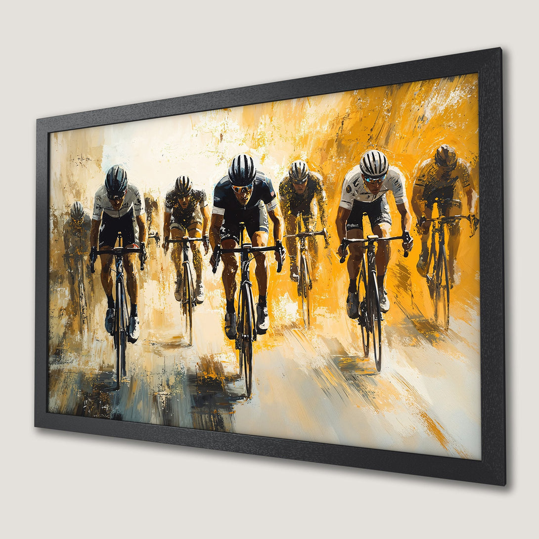 Framed Poster of cyclists racing, abstract style, yellow and black color palette. Dynamic art for your wall!
