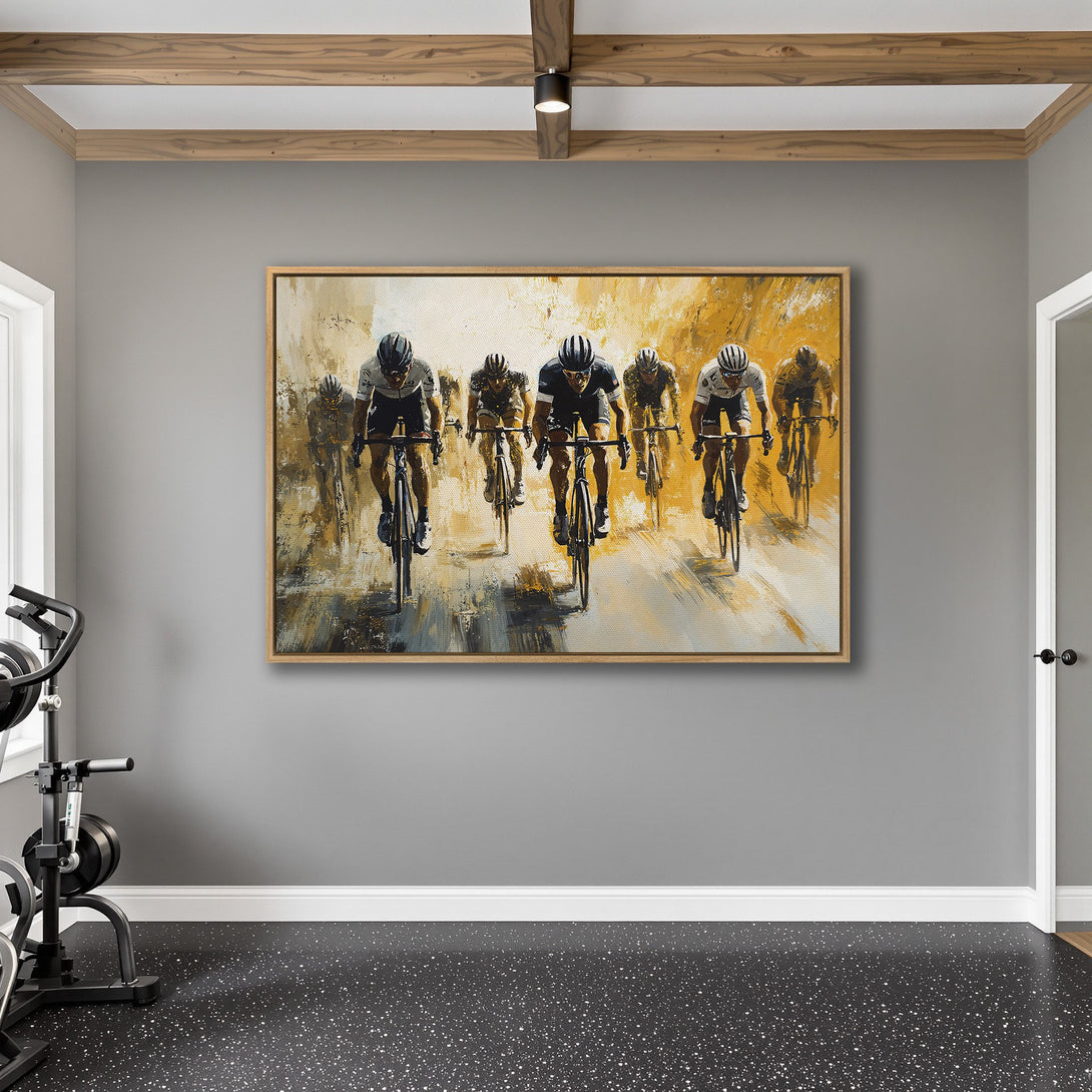 Framed Wall Art: Cyclists racing, abstract style with yellow and grey tones. Perfect for modern decor. Elevate your space with this stunning canvas print!