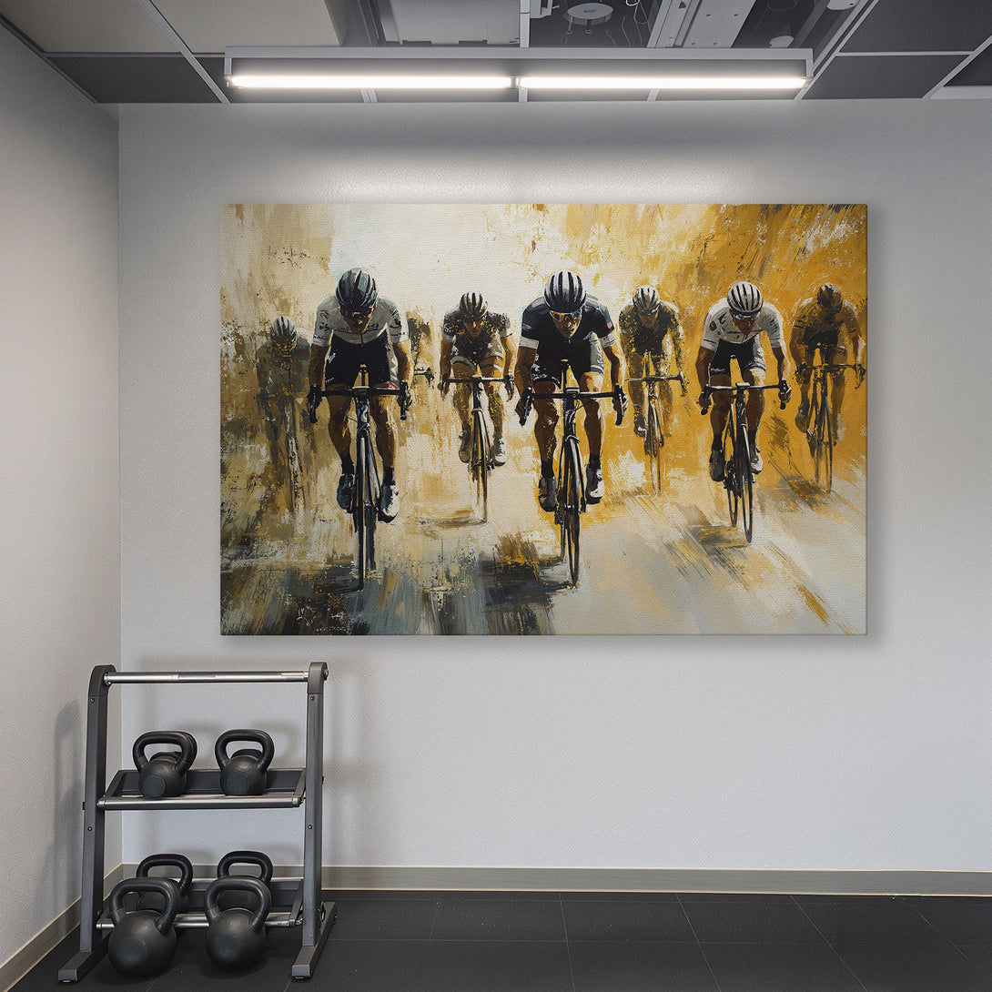 Framed Wall Art: Dynamic cycling scene in warm gold and black tones. Modern abstract style, perfect for a home gym or office. Elevate your space!